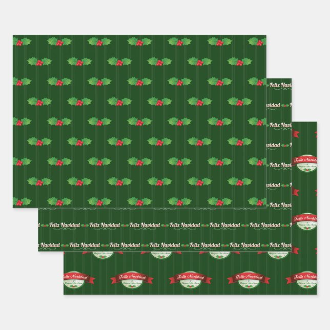 Vertical Striped Holly Berry Feliz Navidad Wrapping Paper Sheet (Set)