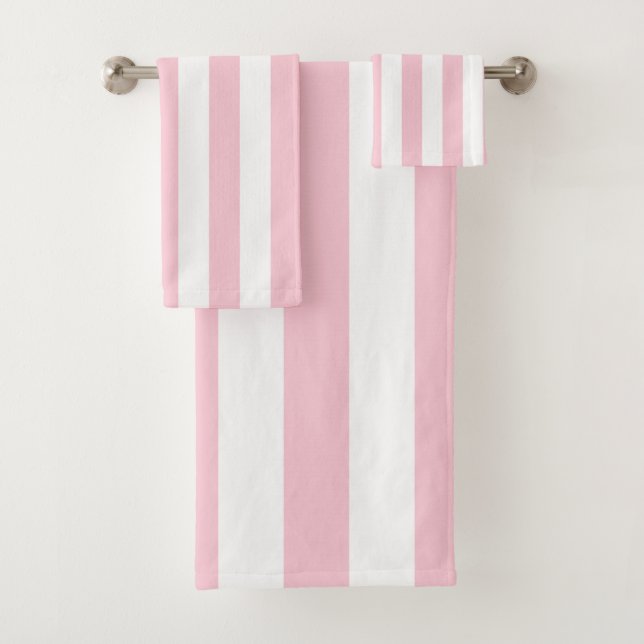 Vertical Stripes Baby Pink And White Striped Bath Towel Set (Insitu)