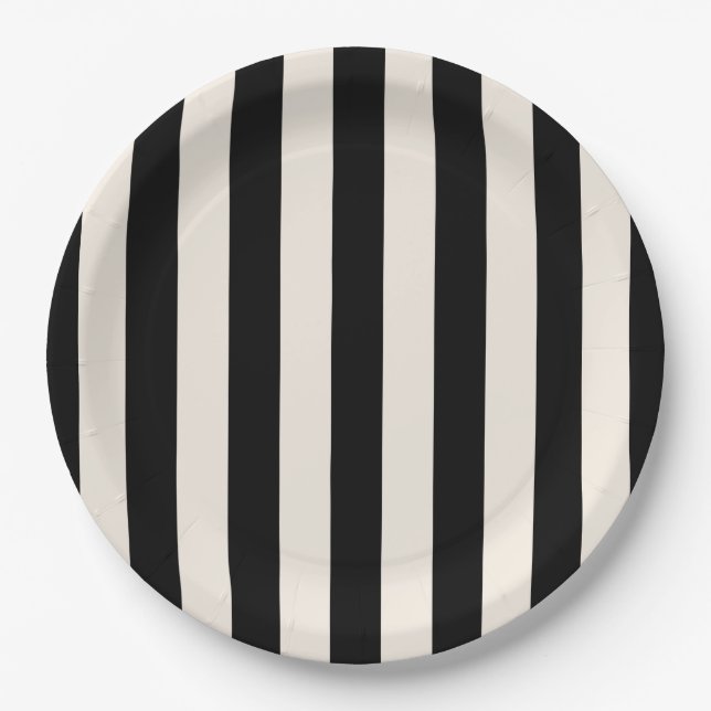Vertical Stripes Black And Cream White Striped Paper Plate (Front)