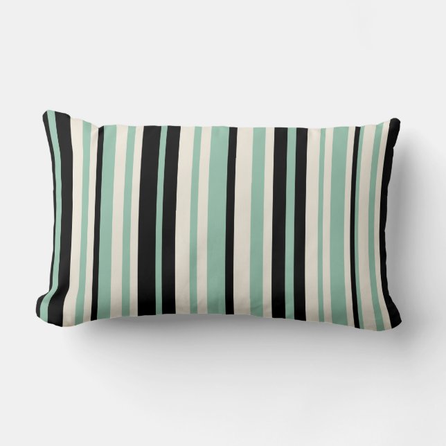 Vertical Stripes in Mint, Black, and Cream Lumbar Pillow (Front)