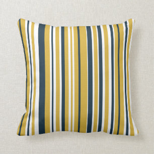 Vertical Stripes Mustard Yellow, Navy Blue, White Throw Pillow