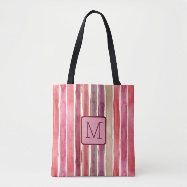 Vertical Stripes Plum Color Block Monogram Tote Bag (Front)