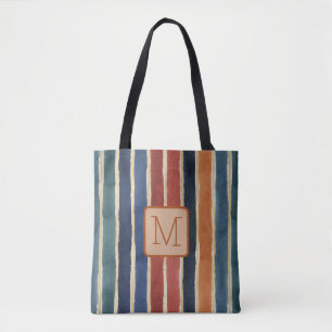 Vertical Stripes Tan Color Block Monogram Tote Bag