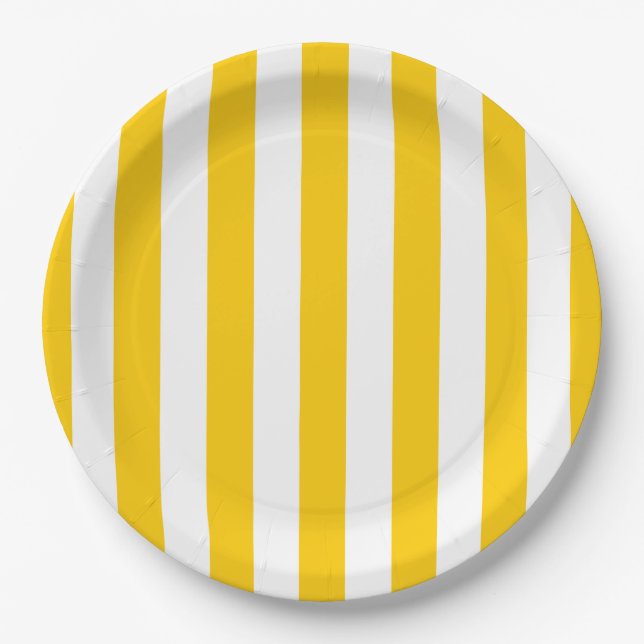 Vertical Stripes Yellow And White Striped Paper Plate (Front)