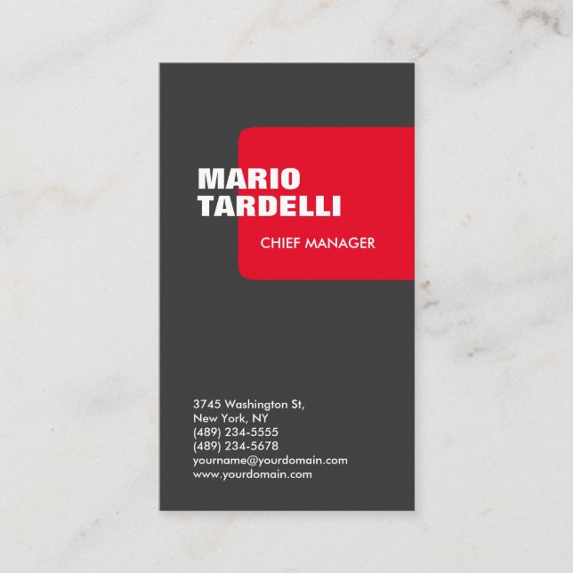 Vertical trendy custom made grey red plain business card (Front)