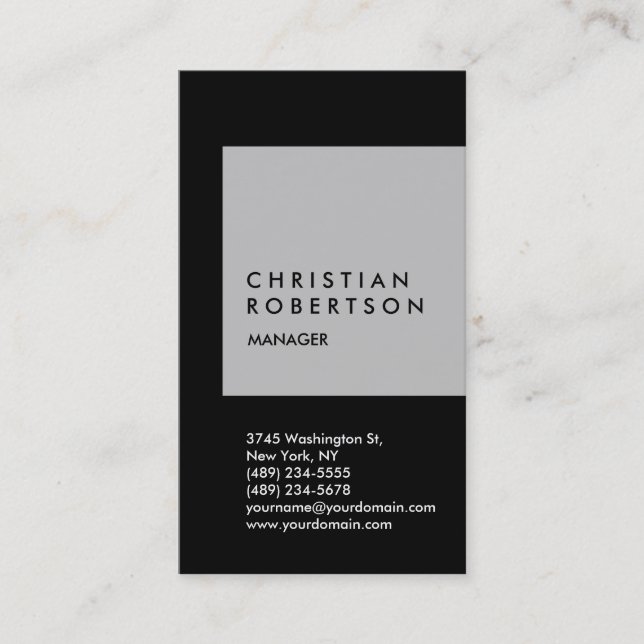 Vertical trendy silver grey black business card (Front)