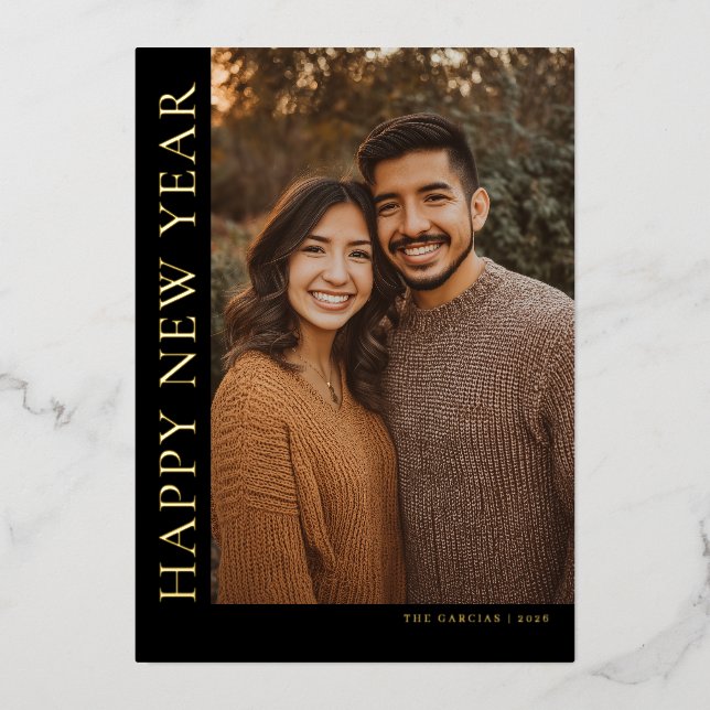 Vertical Type New Year Photo Foil Holiday Card (Front)