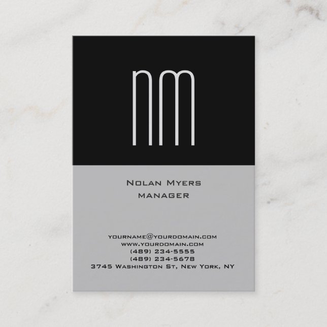 Vertical unique plain simple grey black monogram business card (Front)