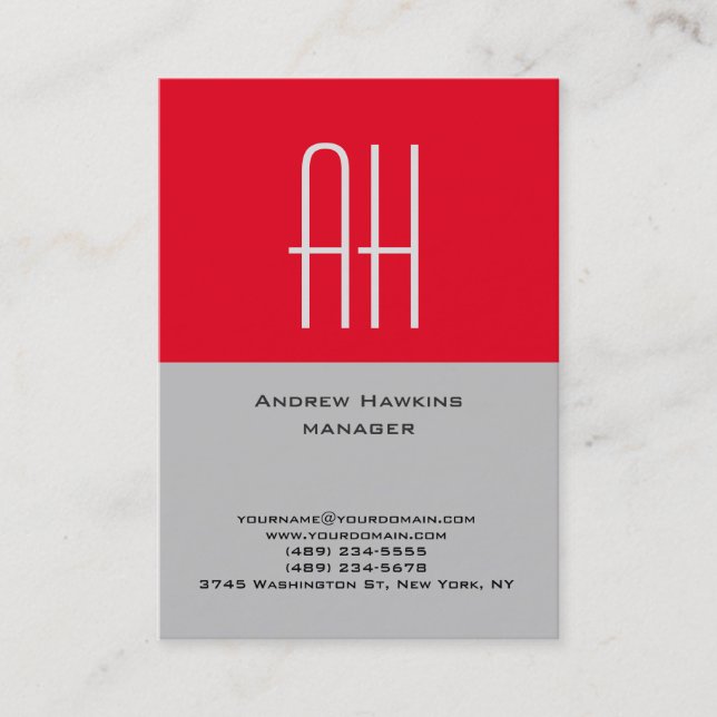 Vertical unique plain simple grey red monogram business card (Front)