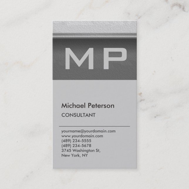 Vertical Wall Effect Grey Monogram Business Card (Front)