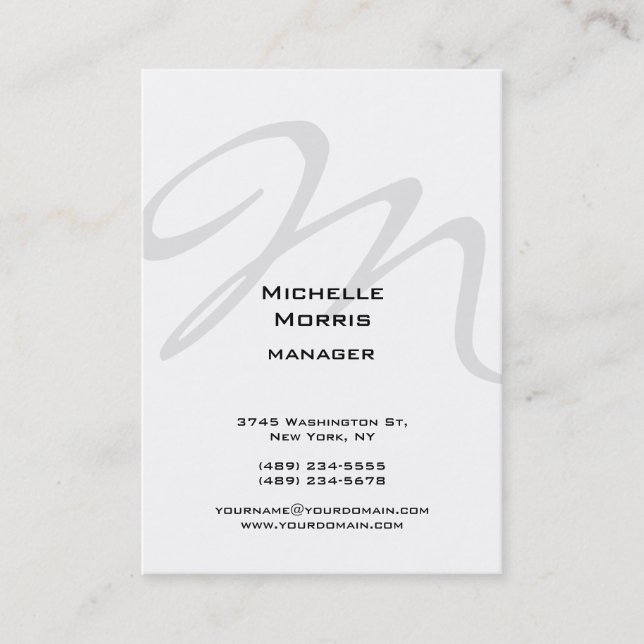 Vertical White Grey Monogram Plain Modern Business Card (Front)