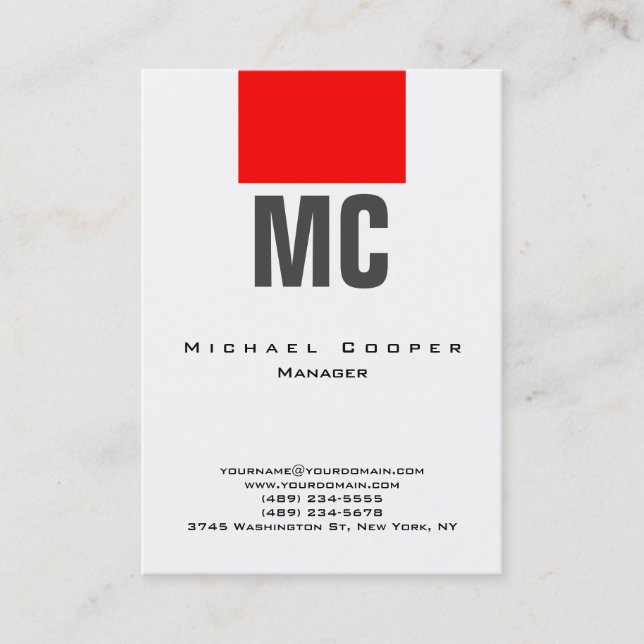 Vertical white red plain simple monogram clean business card (Front)