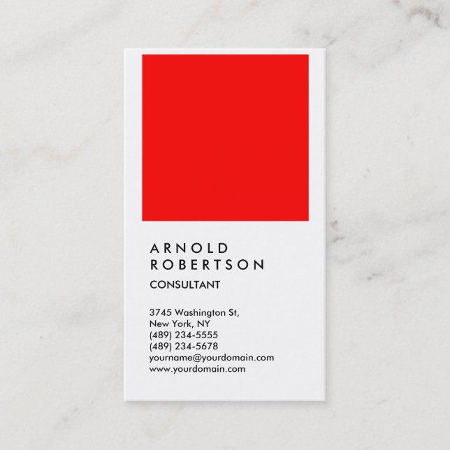 Vertical White Red Trendy Consultant Business Card (Front)