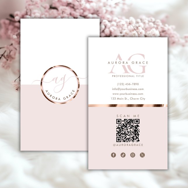 Vertical White Rose Gold Grace Business Card (Creator Uploaded)