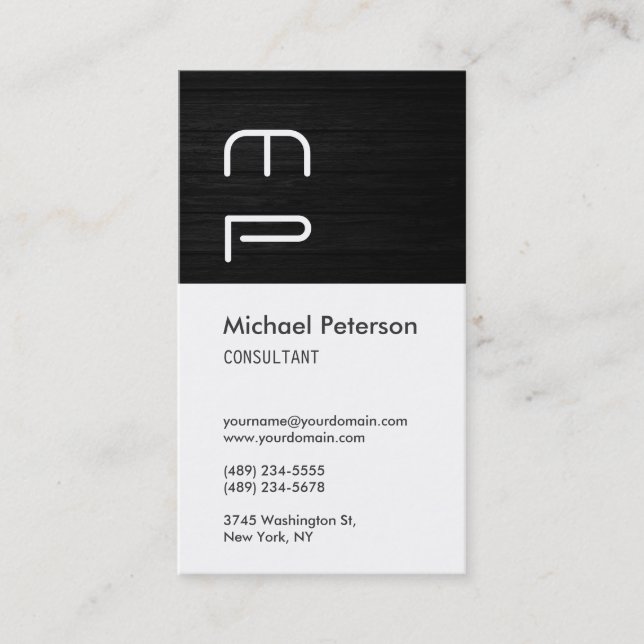 Vertical White Wood Pattern Monogram Business Card (Front)