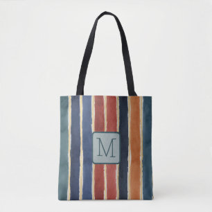 Vertical Wide Stripes Teal Color Block Monogram Tote Bag