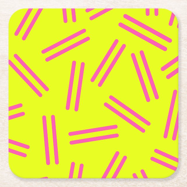 Very 80s Retro Pattern Neon Yellow Magenta Pink Square Paper Coaster (Front)