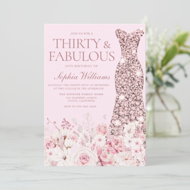 Very Blush Floral Rose Gold Dress 30th Birthday Invitation (Standing Front)