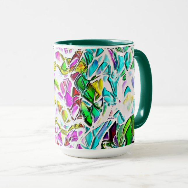 Very coloured abstract shapes floating in milk ste mug (Front Right)