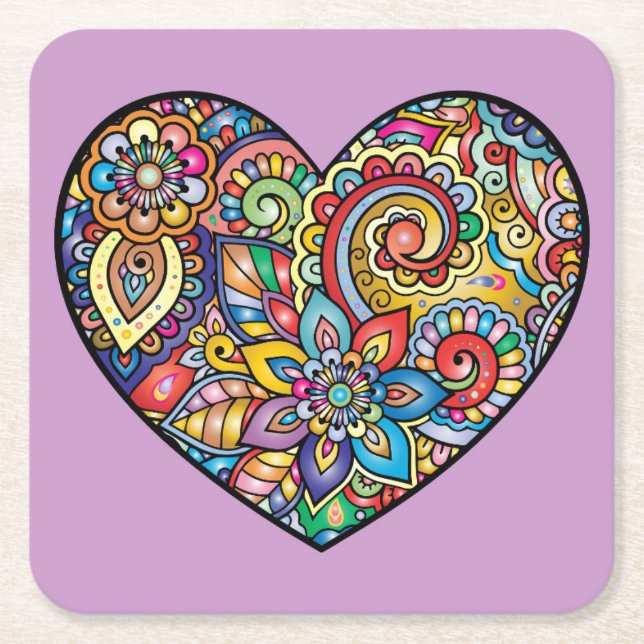 Very Colourful Mosaic and Floral Heart Square Paper Coaster (Front)