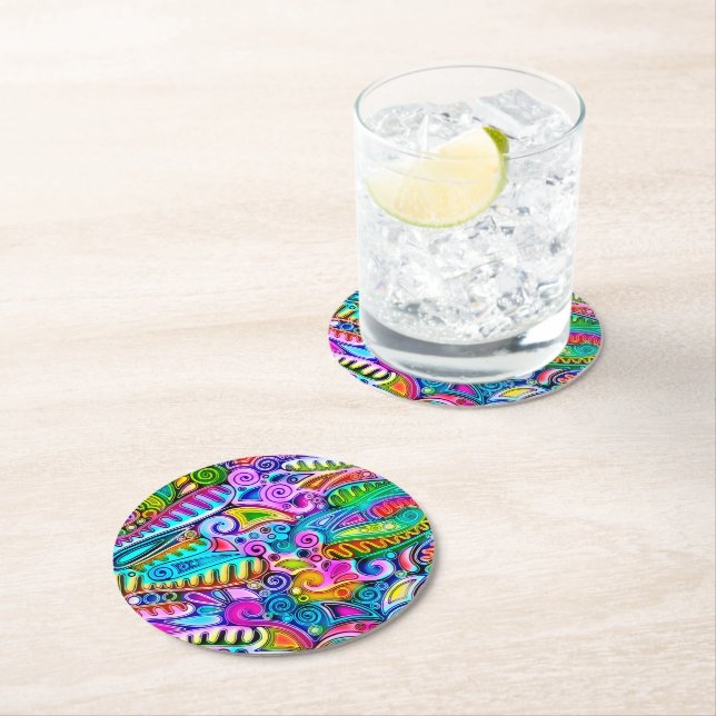 Very colourfully abstract forms art 9 round paper coaster (Insitu)