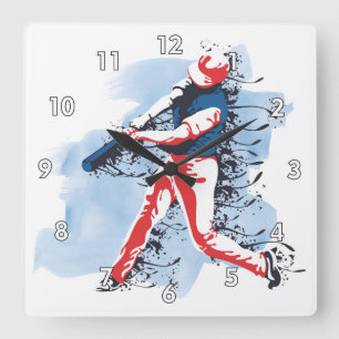 Very Cool and Colourful Baseball Player Swinging Square Wall Clock