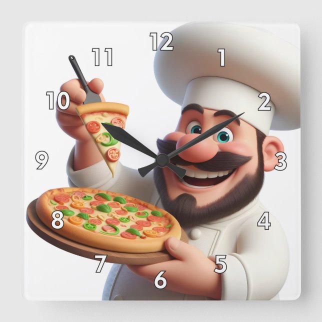 Very Cool & Colourful Pizza Guy with Pizza Square Wall Clock (Front)
