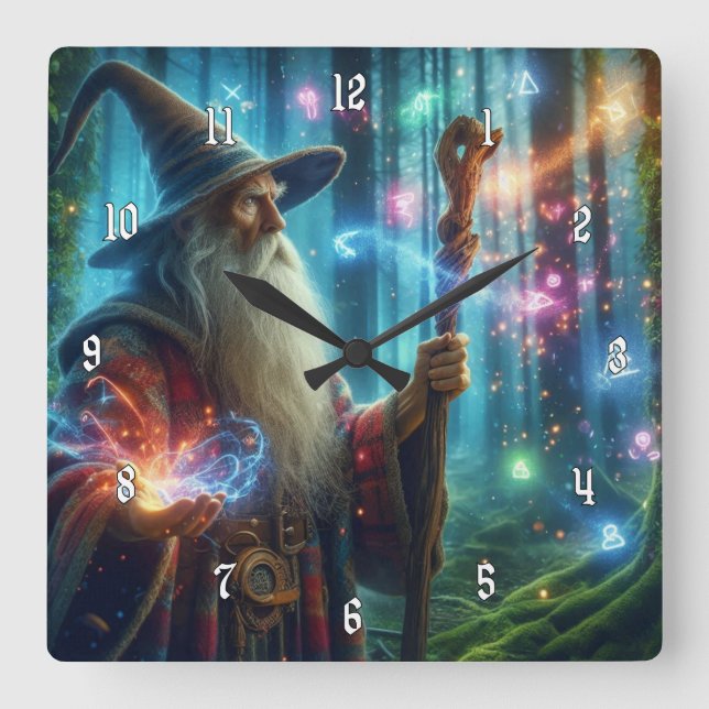 Very Cool & Colourful Wizard Casting a Spell Square Wall Clock (Front)
