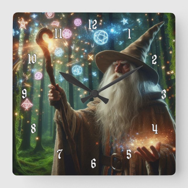 Very Cool & Colourful Wizard Casting a Spell Square Wall Clock (Front)
