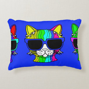 Very Cool Rainbow Cat with Sunglass on Blue Accent Pillow