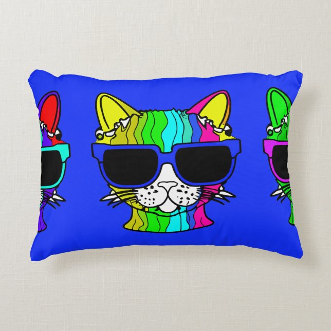Very Cool Rainbow Cat with Sunglass on Blue Accent Pillow (Front)