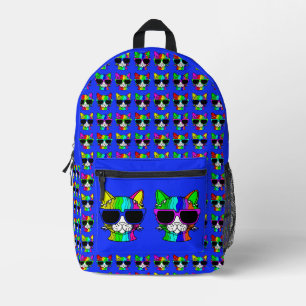 Very Cool Rainbow Cat with Sunglass on Blue Printed Backpack