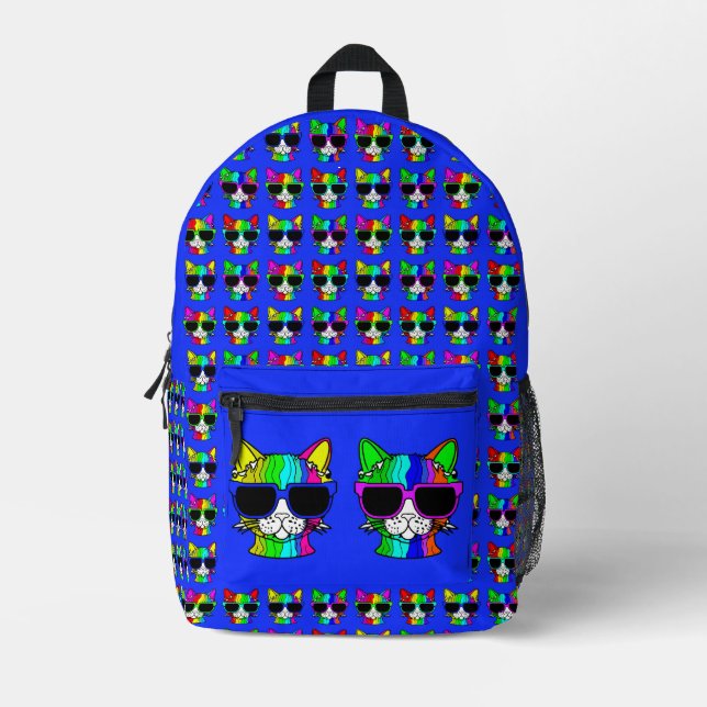 Very Cool Rainbow Cat with Sunglass on Blue Printed Backpack (Front)