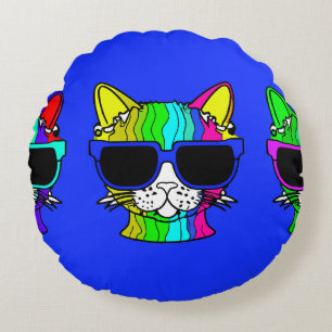 Very Cool Rainbow Cat with Sunglass on Blue Round Pillow