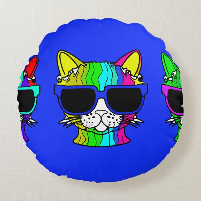 Very Cool Rainbow Cat with Sunglass on Blue Round Pillow (Front)