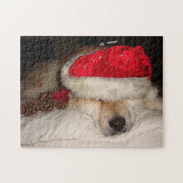 very cute akita dog sleeping dressed for christmas jigsaw puzzle (Horizontal)