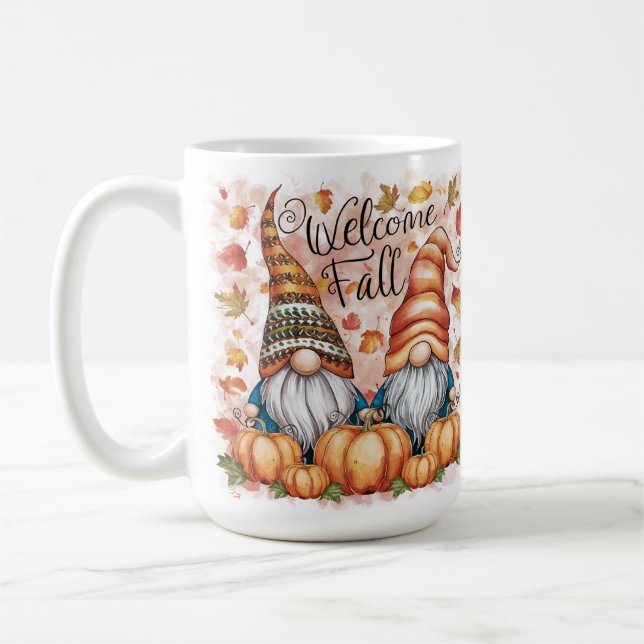 Very cute and fun Welcome Fall Gnomes and Pumpkins Coffee Mug (Left)