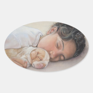 very cute child and beagle puppy oval sticker