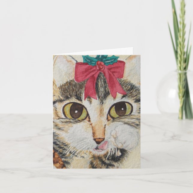 very cute grey tabby kitten with red bow festive holiday card (Front)