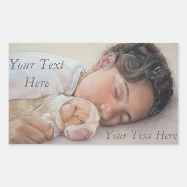 very cute little girl cuddling tiny beagle puppy sticker (Front)