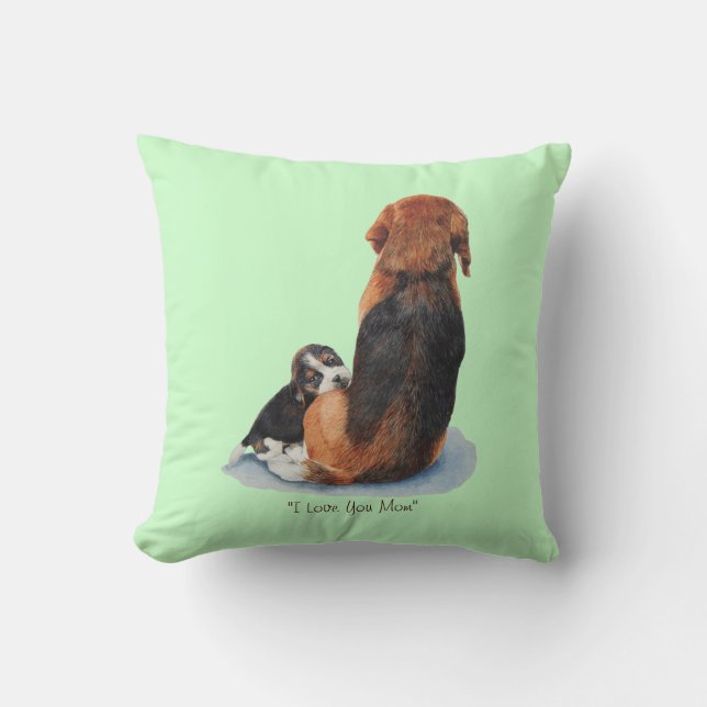 very cute puppy beagle cuddling mom dog throw pillow (Front)