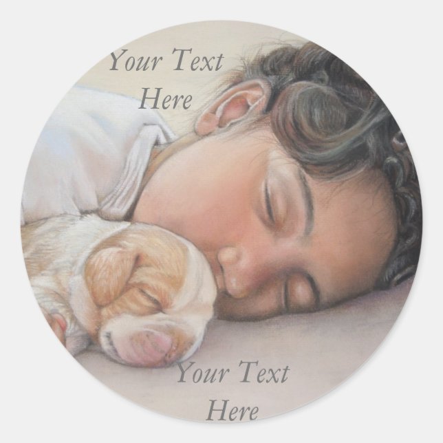 very cute sleeping child with cute beagle puppy classic round sticker (Front)
