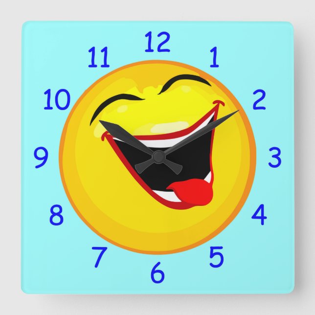 Very Cute & Very Happy Emoticon / Emoji Blue Num Square Wall Clock (Front)