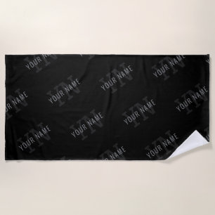 Very Dark Grey & Black Monogram Name Pattern Beach Towel