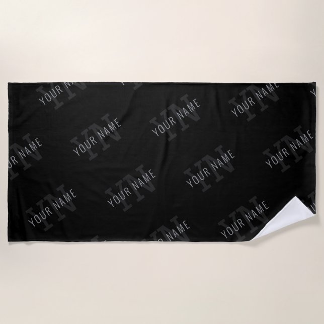 Very Dark Grey & Black Monogram Name Pattern Beach Towel (Front)