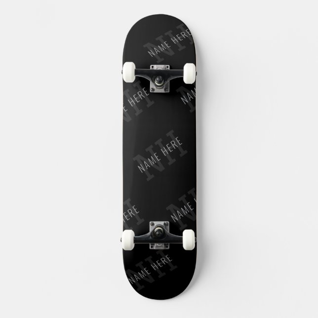 Very Dark Grey & Black Monogram Name Pattern Skateboard (Front)