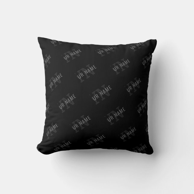 Very Dark Grey & Black Monogram Name Pattern Throw Pillow (Front)