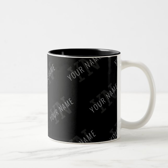 Very Dark Grey & Black Monogram Name Pattern Two-Tone Coffee Mug (Right)