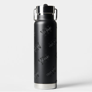 Very Dark Grey & Black Monogram Name Pattern Water Bottle
