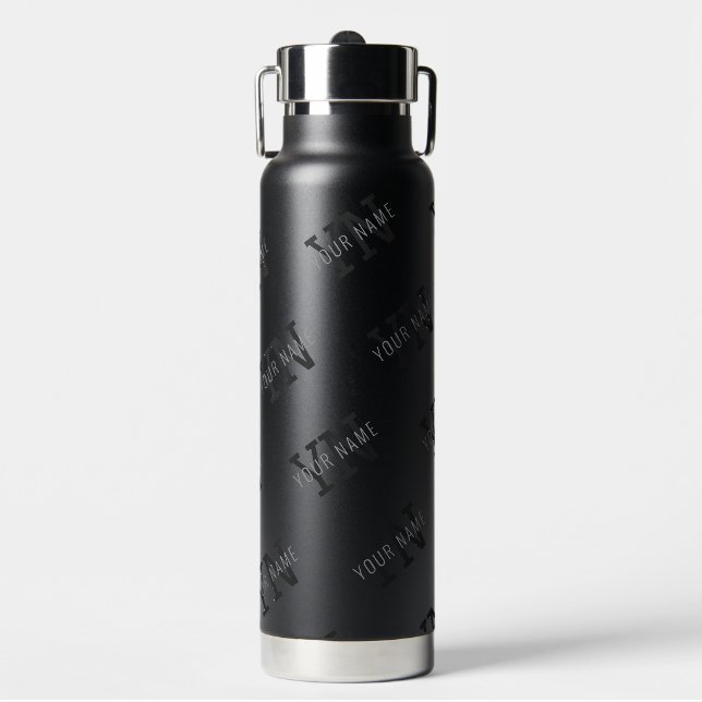 Very Dark Grey & Black Monogram Name Pattern Water Bottle (Front)